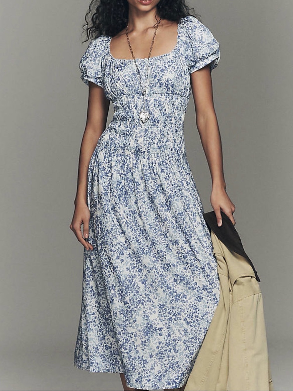 Reformation Riva Blue Floral Smocked Puff Sleeve Midi Dress L NWOT